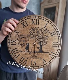 a man holding up a wooden clock with the words, time and date on it