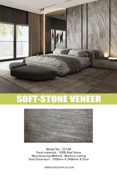 an ad for soft stone veneer featuring a large bed in the middle of a room