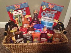 a basket filled with lots of food and condiments