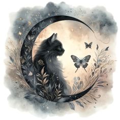 a painting of a wolf sitting on the moon with butterflies flying around it's neck