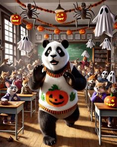 a panda bear dressed as a pumpkin in front of a classroom full of halloween decorations