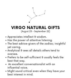 the zodiac sign for virgo natural gifts is shown in black on a white background