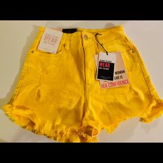 Really Cute High Waited Shorts. Bright Yellow. Solid High-rise Jean Shorts For Summer, Stretch Solid Jean Shorts For Summer, Summer Bottoms With Frayed Hem And Stretch, Chic Yellow Bottoms With Built-in Shorts, Yellow Cutoff Bottoms For Summer, Summer Yellow Cutoff Bottoms, Yellow Cutoff Shorts For Summer, Trendy Yellow Cutoff Shorts, Stretch Bottoms With Frayed Hem For Summer