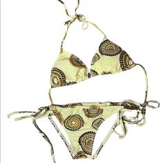 Excellent Condition, Tags Removed But Never Worn. Bikini Is Cream Colored With Brown/Black/Gold Geometric Circular Designs. Size: Small Triangle Tie Bikini Top & Tie Bikini Bottom. Fitted Beige Halter Neck Swimwear, Fitted Beige Swimwear With Tie-side Bottom, Circular Designs, L Space, Gold Geometric, Tan Brown, Brown Gold, Cream Color, Womens Swim