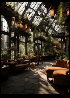 the inside of a building with lots of windows and plants hanging from it's ceiling