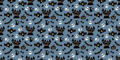 a blue background with black and white cats, skulls, and pumpkins on it