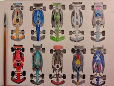 an art project with watercolor drawings of race cars