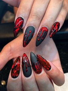 Red And Black Nails, Tree Nails, Shaped Nails, Gothic Nails