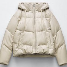 Women’s Zara Puffer Leather Off White Beige Tan Cream Puffer Jacket For Spring, Cream Hooded Puffer Jacket For Fall, Spring Cream Puffer Jacket, Cream Puffer Jacket With Pockets For Spring, Zara Puffer Jacket, Beige Puffer Jacket, Cream Puffer Jacket, Faux Leather Puffer Jacket, Mustard Jacket