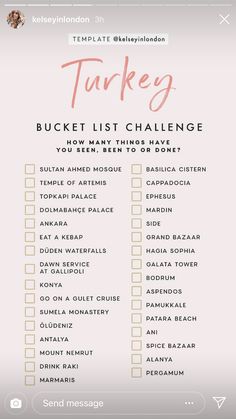 the turkey bucket list is shown in pink