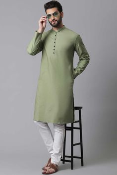 Buy Men's Green Cotton Self-design Long Kurta Online - KARMAPLACE Casual Straight Kurta For Summer, Green Casual Kurta For Eid, Casual Green Kurta For Eid, Casual Summer Festive Kurta, Green Casual Summer Kurta, Casual Green Kurta For Spring, Sleeveless Cotton Kurta For Eid, Fitted Sleeveless Kurta For Spring, Festive Casual Sleeveless Sets