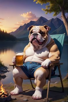 a painting of a bulldog sitting in a chair with a beer next to a campfire