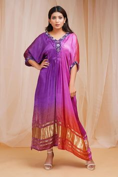 Violet, pink and red kaftan with placed bead and sequin embroidered floral patterns on an ombre base. - Aza Fashions Summer Festive V-neck Kaftan, Traditional Purple Kaftan For Festive Occasions, Festive Purple Embroidered Kaftan, Traditional V-neck Sequin Dress, Festive Embroidered Purple Kaftan, Festive Anarkali Kaftan With Sequins, Anarkali Style Sequined Kaftan For Party, Festive Designer Kaftan With Sequins, Bollywood Style Festive Kaftan With Mirror Work