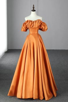 Orange Satin A Line Floor Length Prom Dress, Prom Dress Off The Shoulder, Orange Floor, Orange Outfits, Simple Evening Dress, Prom Dresses Off The Shoulder, Orange Prom Dresses, Simple Prom Dress Long, Formal Prom Dresses Long, Orange Satin