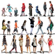 a group of people walking down a street next to each other in different outfits and shoes