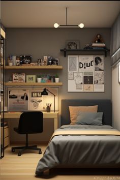 a small bedroom with a bed, desk and shelves on the wall next to it