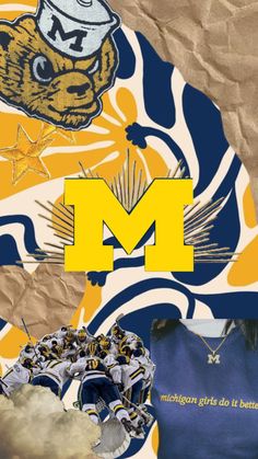 collage of images with the letter m on it and michigan mascot in the middle