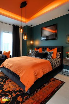 a bedroom with orange and black decor on the walls, rugs and bedding