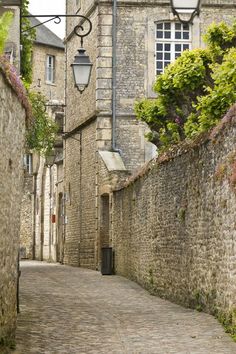 an alley way with cobblestone pavement and stone buildings on both sides, surrounded by greenery