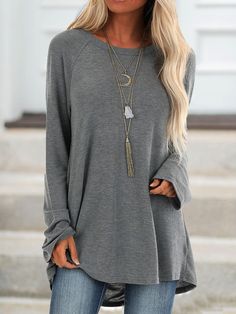 Jersey Casual Raglan Sleeve Crew Neck Long Sleeve Tops is fashionable and cheap, come to Justfashionnow to find out about the Clothing Loose Fit Shirts, Round Neck Shirt, Knit Tunic, Outfit Casual, Long Sleeve Casual, Casual Outfit, Women Long Sleeve, Casual Women, Shirts Tops