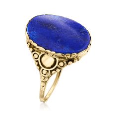 Ross-Simons - C. 1920 Vintage Lapis Ring in 14kt Yellow Gold. Size 5.5. C. 1920. Hailing from the Art Deco era of fine design, this piece of history is bound to remain in your family for generations. In this unique ring from our Estate collection, the dark-blue hue of the 14x9mm oval carved lapis contrasts nicely against the glossy 14kt yellow gold cradling the gem. Note the interesting circular elements adorning the tapered band. 1/2" wide. Lapis ring. Exclusive, one-of-a-kind Estate Jewelry. Lapis Ring, Unique Ring, Art Deco Era, Blue Hues, Estate Jewelry, Unique Rings, Dark Blue, Fine Jewelry, Art Deco