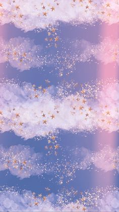 the sky is filled with gold stars and white clouds, as if they were floating in the air