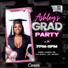 a graduation party flyer with an image of a woman wearing a cap and gown