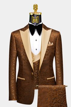 Burnt Orange Tuxedo - 3 Piece Brown Slim Fit Sets For Semi-formal Occasions, Elegant Fall Suit For Groom, Fitted Brown Blazer With Lapel Collar, Elegant Fall Suit For Grooms, Gold Fitted Tuxedo For Formal Occasions, Gold Fitted Three-piece Suit For Formal Occasions, Fitted Brown Three-piece Suit For Business, Fitted Brown Three-piece Business Suit, Brown Single Breasted Suit Sets