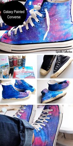 the process to make galaxy painted converses is shown in four different pictures, including one with