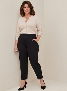 FIT Model is 5'9” wearing size 12. High rise. . Eased through the hip and thigh with a tapered leg. Pull-on elastic waist. Tapered leg hits just above the ankle. . Inseam: 27”. MATERIALS + CARE Studio Luxe Ponte knit fabric: Our signature work (any) wear fabric with office-approved tailoring, WFH stretch and comfort, and curve-loving hold. Plus, it’s machine washable! Stretch level: Maximum. Wrinkle resistant. 68% rayon, 28% nylon, 4% spandex. Machine wash cold. Line dry. Imported. DETAILS Pull- Woman Office Outfit Plus Size, Bisuness Casual Plus Size, Summer Work Plus Size Outfits, Basic Professional Outfits, Midsize Petite Work Outfits, Professional Outfits Women Size 12, Curvy Office Fashion, Slacks For Plus Size Women, Business Casual Mid Size Women