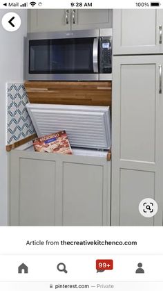 a microwave oven sitting on top of a kitchen cabinet next to a wall mounted microwave