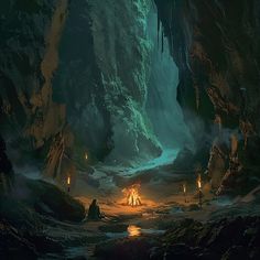 a cave filled with lots of water and lit candles