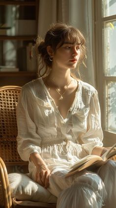 a woman sitting in a chair with a book on her lap and looking out the window