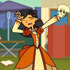 a woman in a dress with a skull on her shoulder and arms behind her head