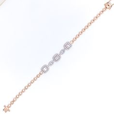 This stunning 18k gold halo bracelet, weighing 10.0 grams, features a sophisticated design adorned with 1.02 carats of diamonds. The diamonds, in round brilliant cut and baguette shapes, have a color grade of F-G and a quality grade of VS, adding exceptional sparkle and elegance. The rose gold finish enhances its luxurious appeal, making it perfect for any special occasion. The bracelet has a size of 7.5 inches, offering both style and comfort. This piece is openable, designed with a push snap l Diamond White Bracelets With Baguette Diamonds, Luxury Diamond Bracelet With Halo Setting For Formal Events, Luxury Diamond Bracelet With Halo Setting For Formal Occasions, Luxury Diamond Bracelets With Halo Setting, Fine Jewelry Diamond Bracelet With Halo Setting, Rose Gold Diamond Bracelets With Baguette Diamonds, Fine Jewelry Diamond Bracelets With Halo Setting, Luxury Diamond Bracelet With Halo Setting, Elegant Diamond Bracelet With Halo Setting