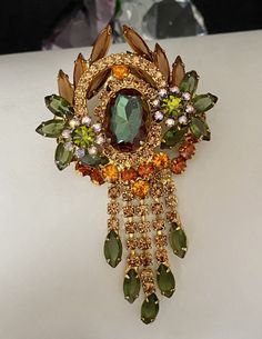 Vintage JULIANA Large Watermelon Rhinestone Flower Brooch Pin Pristine RARE | eBay Juliana Jewelry Vintage Brooches, Gold Clip-on Costume Jewelry Brooch, Vintage Multicolor Rhinestones Brooches, Vintage Green Rhinestone Brooch, Gold Flower-shaped Rhinestone Brooches, Flower Brooch, Brooch Pin, Watermelon, Pins