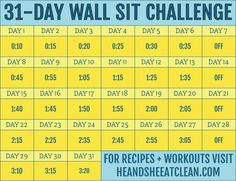 the 31 - day wall sit challenge is shown in blue and yellow, with instructions for each