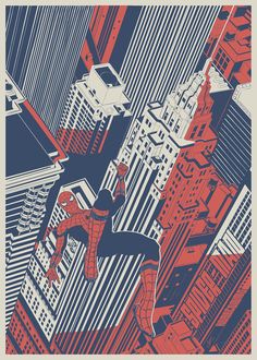 the amazing spider - man poster is shown in red, white and blue colors on a cityscape