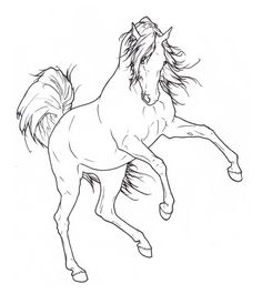 a black and white drawing of a horse with long manes, jumping in the air