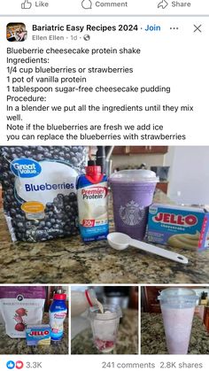 the ingredients for blueberry cheesecake are displayed on an instagram page, and there is