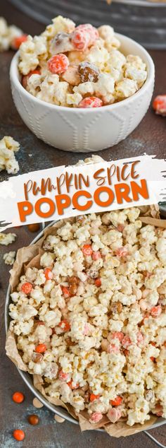 pumpkin spice popcorn in a pie pan with the words pumpkin spice popcorn written on it