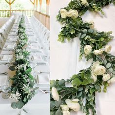 there are two rows of tables with white flowers and greenery on the table runneres