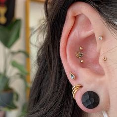 a close up of a person with ear piercings on their left and right ears