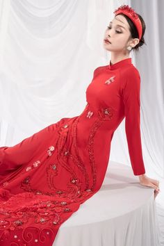 Marisa Phoenix Ao Dai | MEAN BLVD Red Traditional Cheongsam For Evening, Traditional Red Cheongsam For Evening, Elegant Red Ao Dai For Festive Occasion, Red Fitted Ao Dai For Festivals, Traditional Red Ao Dai For Festivals, Red Ao Dai For Ceremonial Festive Occasion, Elegant Red Ao Dai For Festivals, Red Ao Dai Wedding, Wedding Ao Dai