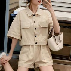 Here is a beige wide leg shorts and top set for elegant ladies. Affordable, Worldwide Free Shipping and Free Return Casual Cream Sets For Spring, Khaki Workwear Sets For Spring, Spring Workwear Sets In Khaki, Spring Workwear Khaki Sets, Beige Summer Sets With Pockets, Summer Beige Sets With Pockets, Beige Short Sleeve Sets For Workwear, Beige Short Sleeve Workwear Sets, Summer Two-piece Tops For Workwear