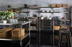 an industrial style kitchen with stainless steel appliances