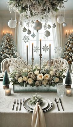 a dining room table decorated for christmas with silver and white decorations, candles, and flowers