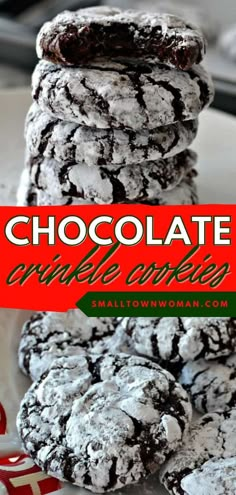 chocolate crinkle cookies stacked on top of each other with the title overlay