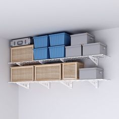 the shelves are organized with baskets and boxes