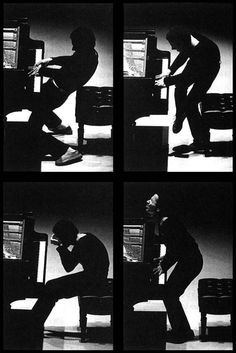 four black and white images of a man leaning against a computer